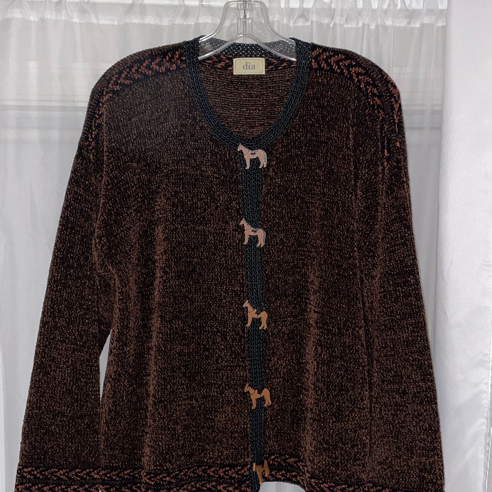 Vintage DIA Horse Button Chenille Cardigan Sweater - Brown - Size M/L